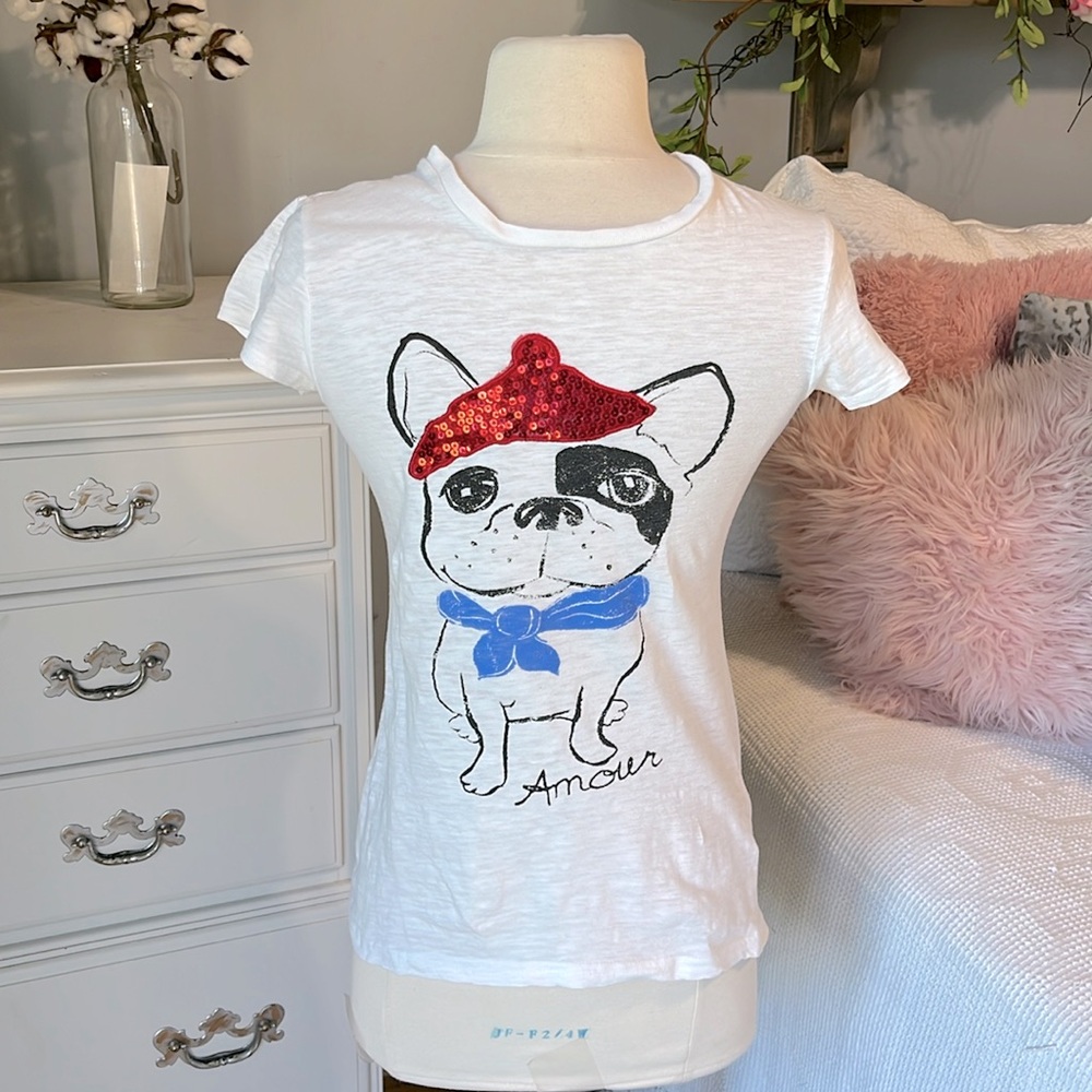 Puppy Dog Top French Beret Red Sequin Cap White Cotton Shirt Girls XL